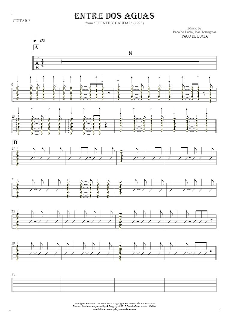 Entre dos aguas - Tablature (rhythm values) for guitar - guitar 2 part