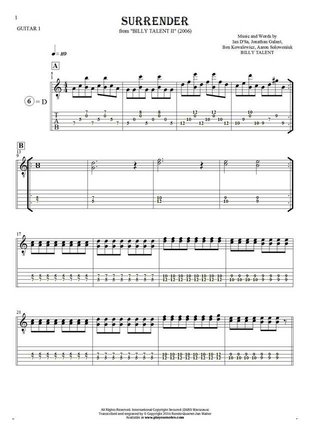 Surrender - Notes and tablature for guitar - guitar 1 part