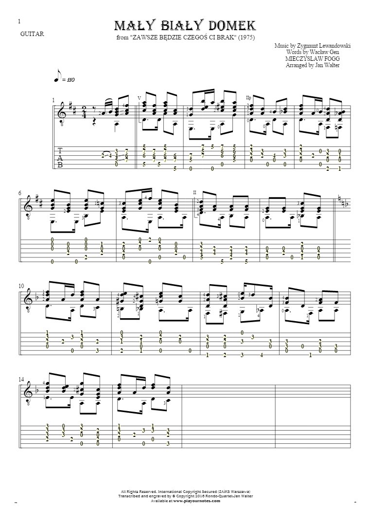 Mały biały domek - Notes and tablature for guitar solo (fingerstyle)