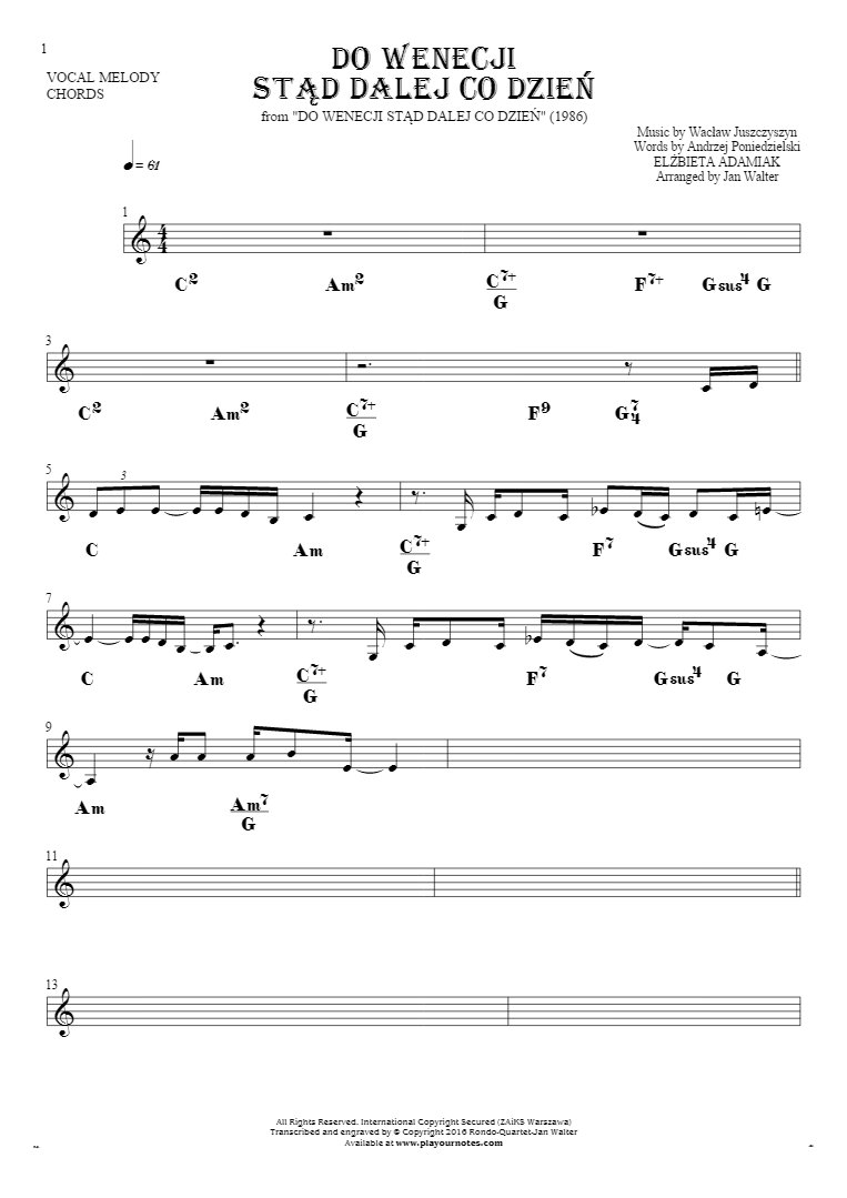 Do Wenecji stąd dalej co dzień - Notes and chords for solo voice with accompaniment