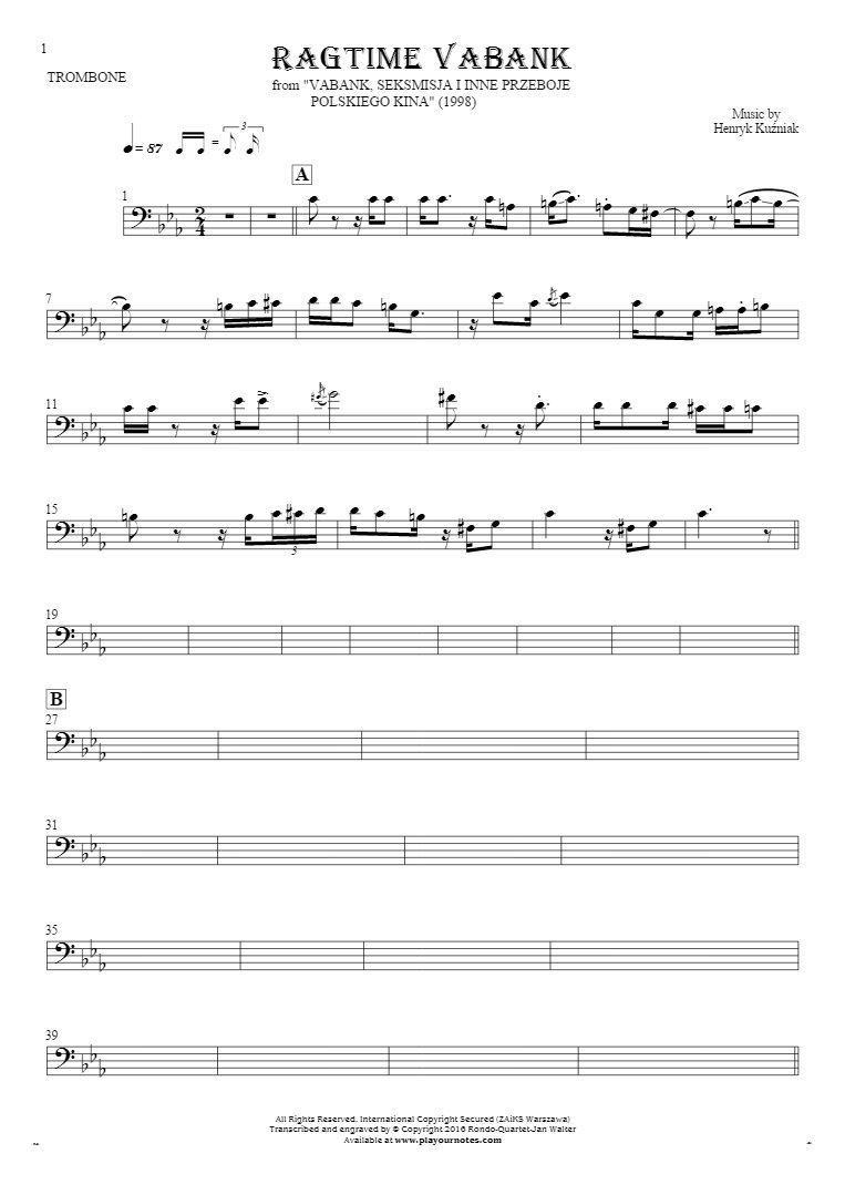 Ragtime Vabank - Notes for trombone