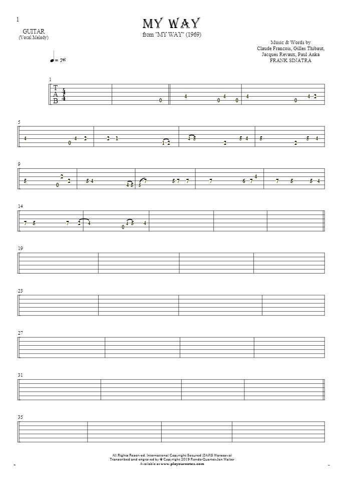 My Way - Tablature for guitar - melody line