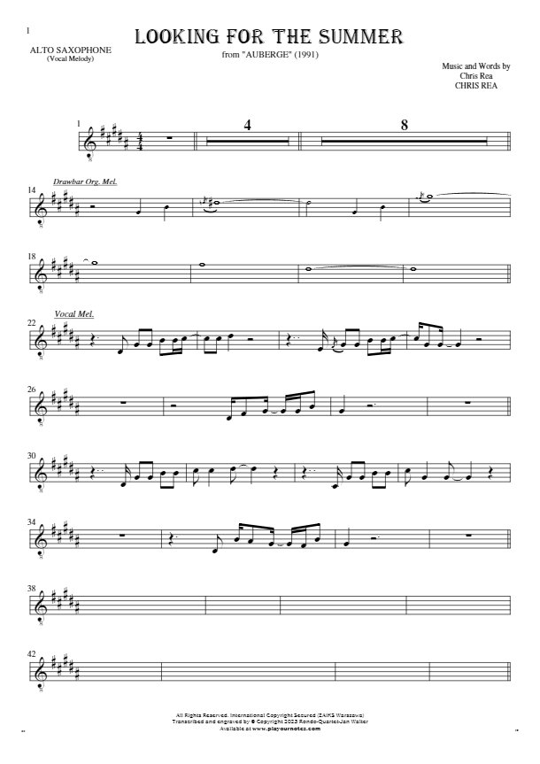 Looking For The Summer - Notes for alto saxophone - melody line