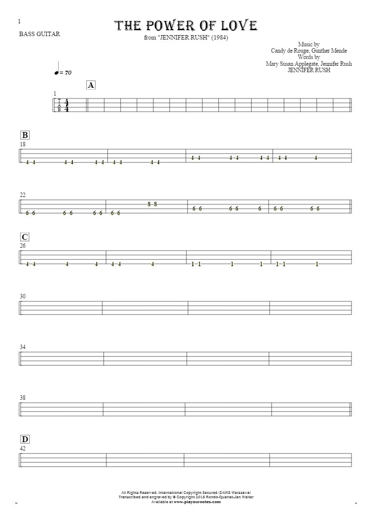 The Power Of Love - Tablature for bass guitar