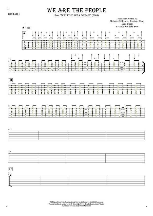 We Are the People - Tablature (rhythm values) for guitar - guitar 1 part