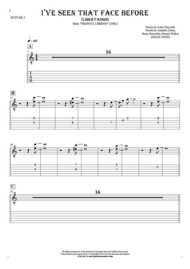 I've Seen That Face Before - Libertango - Notes and tablature for guitar - guitar 3 part
