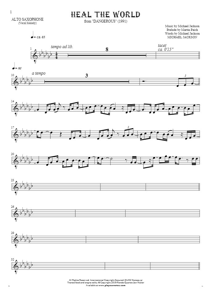 Heal The World - Notes for alto saxophone - melody line