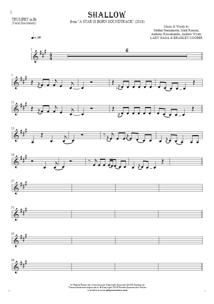 Shallow - Notes for trumpet - melody line