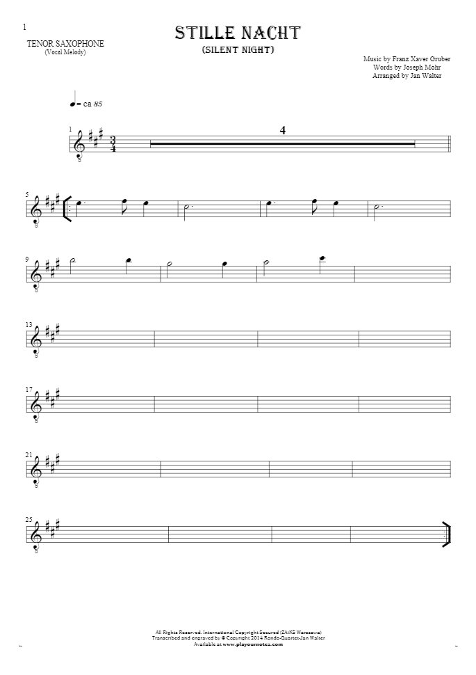 Silent Night - Notes for tenor saxophone - melody line
