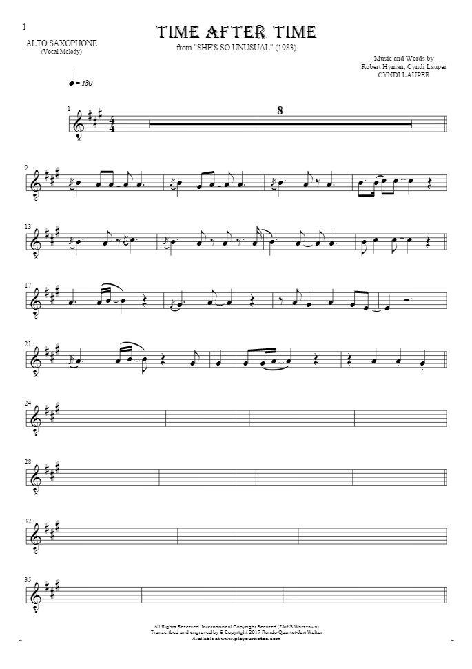 Time After Time - Notes for alto saxophone - melody line