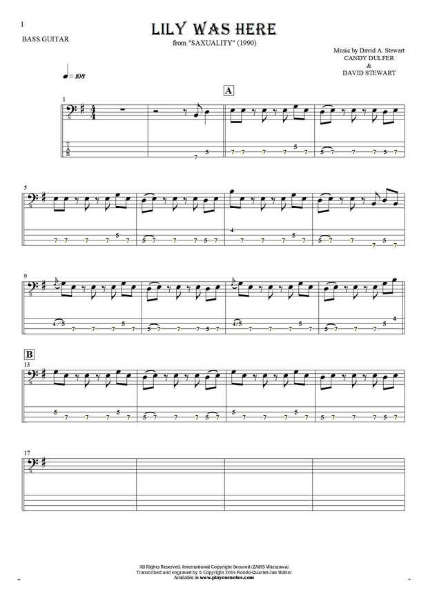 Lily Was Here - Notes and tablature for bass guitar