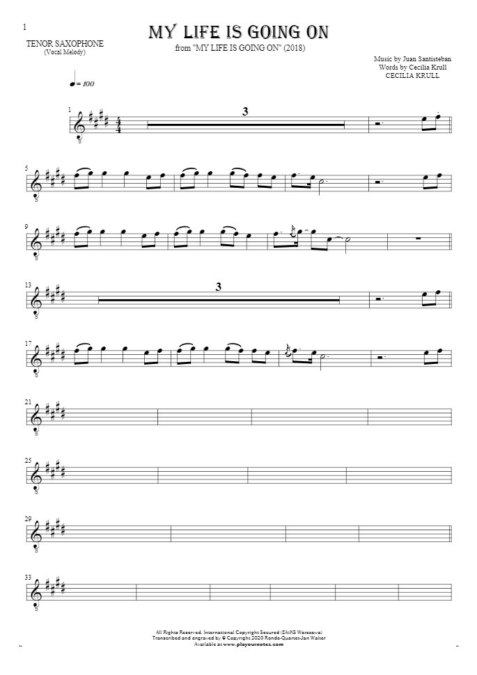My Life Is Going On - Notes for tenor saxophone - melody line