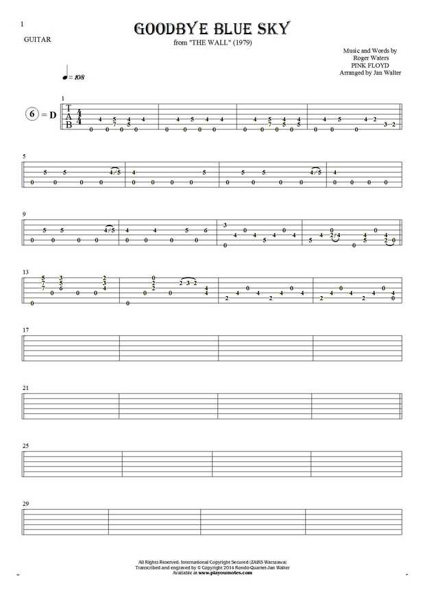 Goodbye Blue Sky - Tablature for guitar solo (fingerstyle)