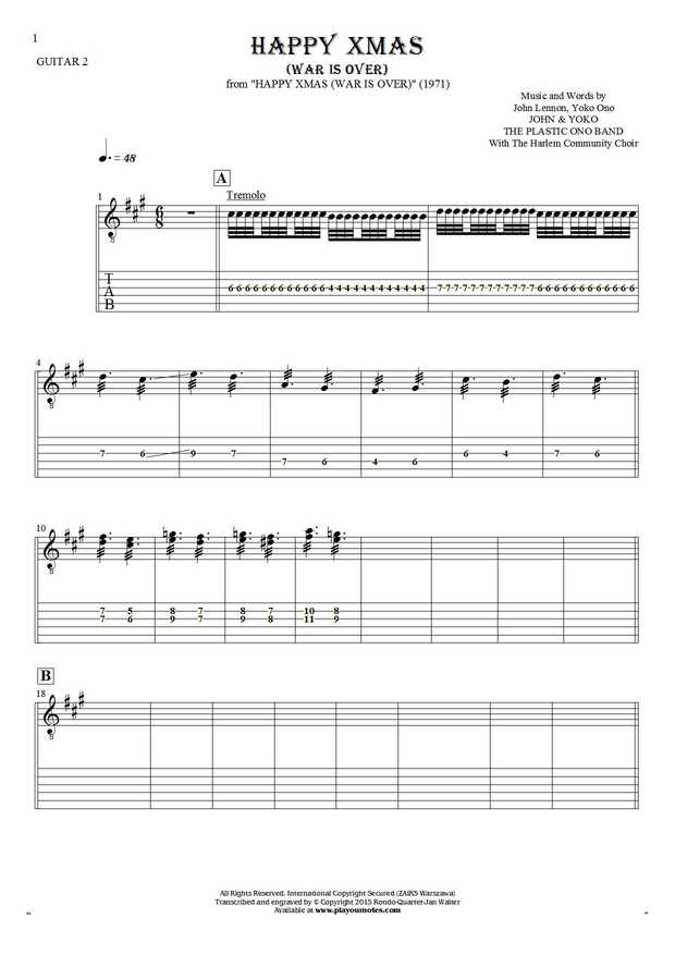 Happy Xmas (War Is Over) - Notes and tablature for guitar - guitar 2 part