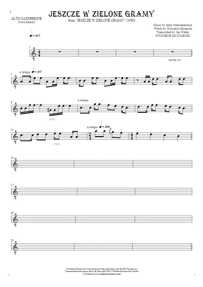 Jeszcze w zielone gramy - Noten für Alt Saxophon - Melodielinie