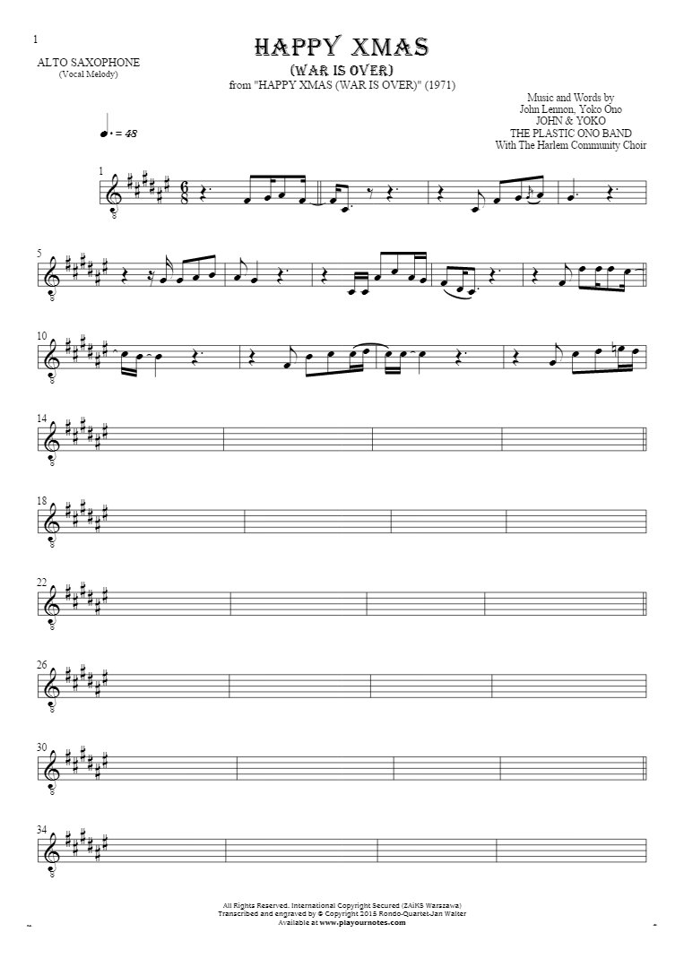 Happy Xmas (War Is Over) - Notes for alto saxophone - melody line