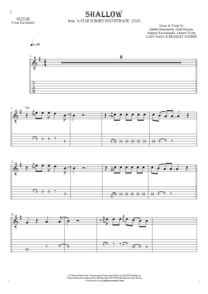 Shallow - Notes and tablature for guitar - melody line