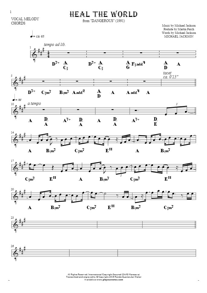 Heal The World - Notes and chords for solo voice with accompaniment