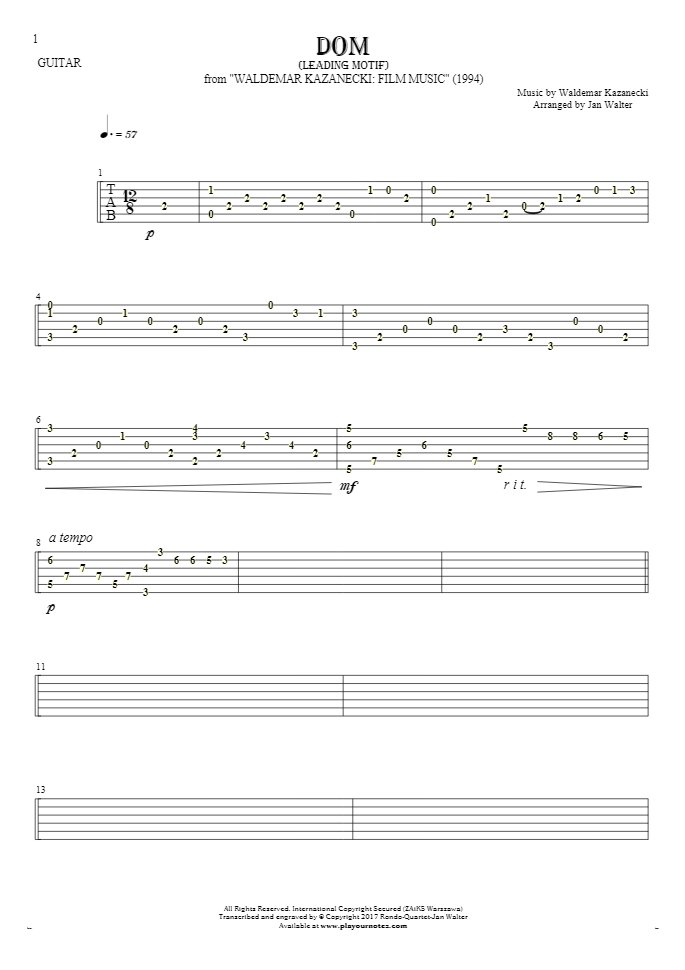 Dom - motyw główny - Tabulatura na gitarę solo (fingerstyle)