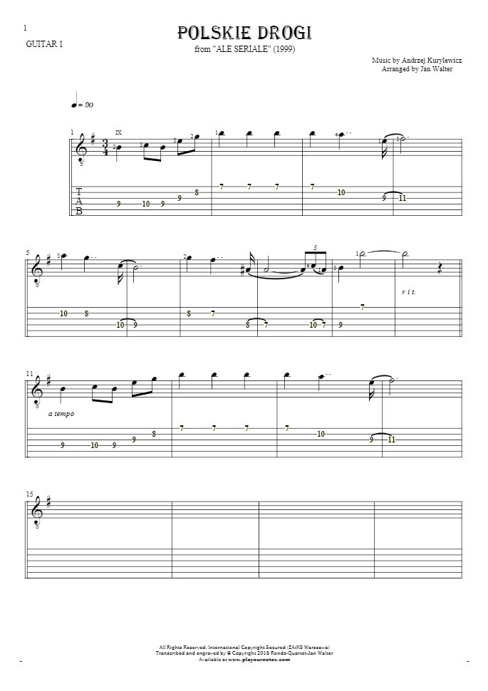 Polskie drogi - Notes and tablature for guitar - guitar 1 part