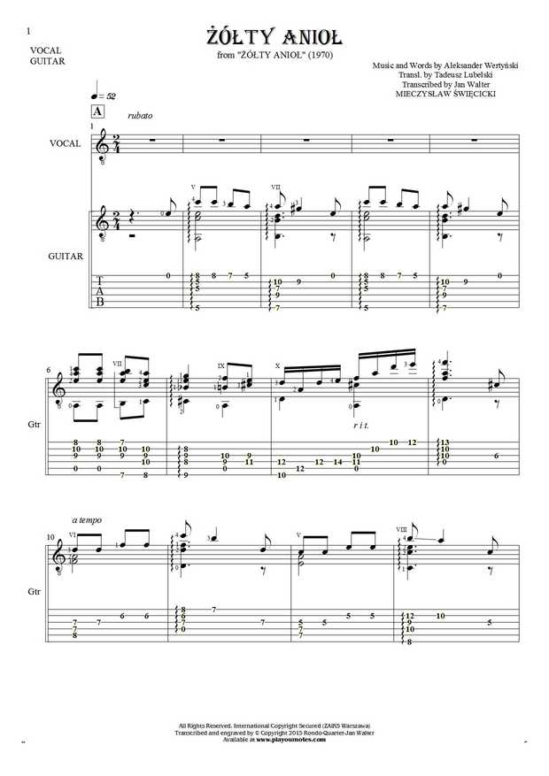 Yellow Angel - Notes, tablature and lyrics for vocal with guitar accompaniment