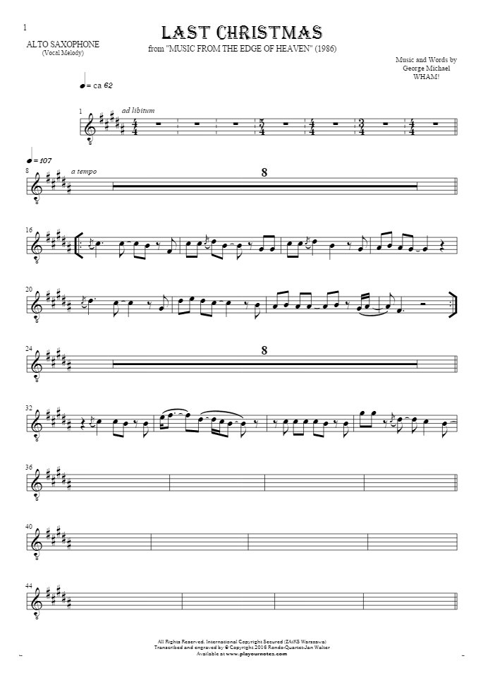 Last Christmas - Noten für Alt Saxophon - Melodielinie