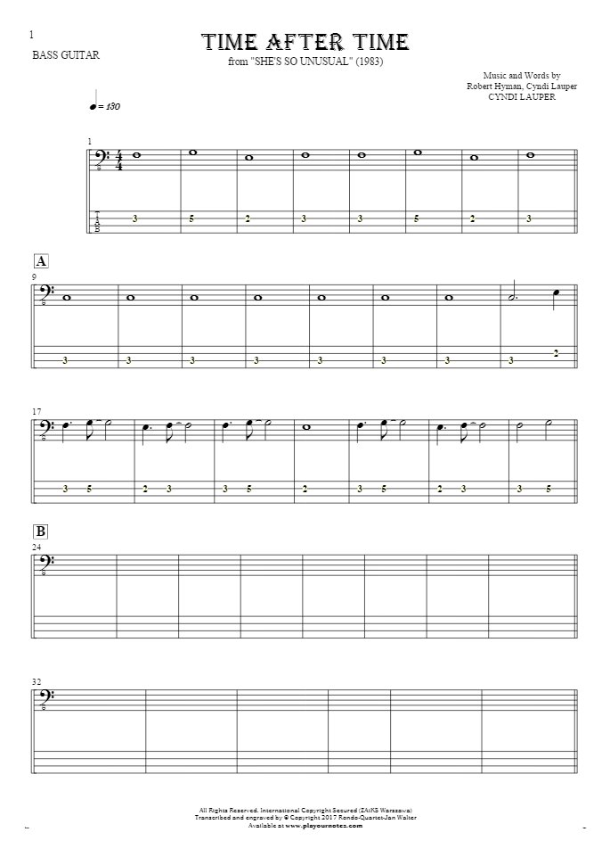 Time After Time - Notes and tablature for bass guitar