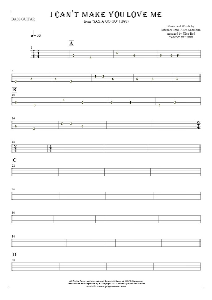 I Can't Make You Love Me - Tablature for bass guitar