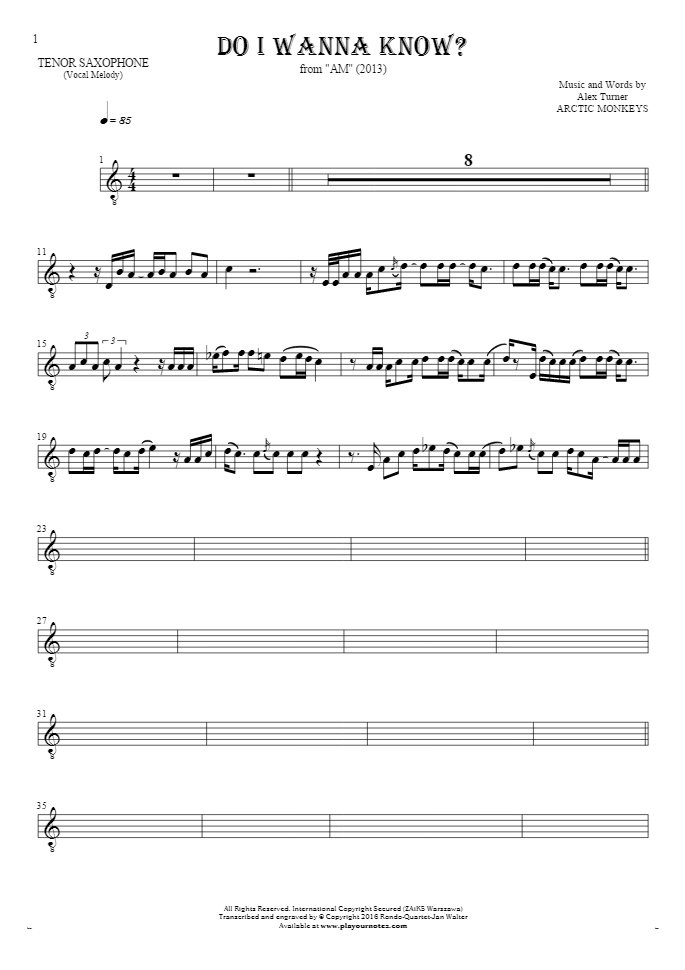 Do I Wanna Know? - Notes for tenor saxophone - melody line