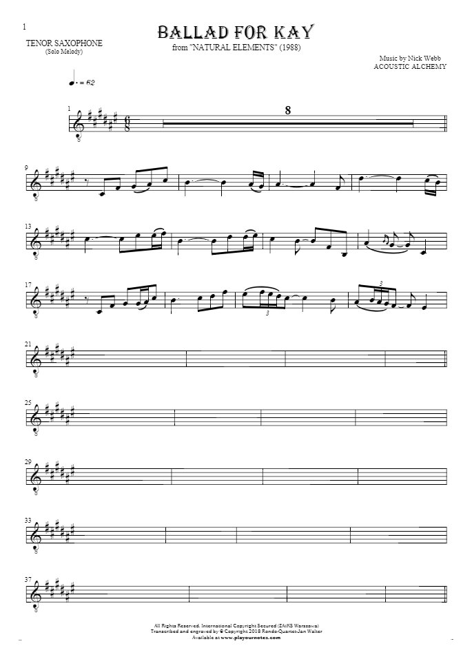 Ballad For Kay - Notes for tenor saxophone - melody line