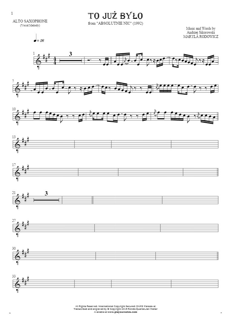 To już było - Notes for alto saxophone - melody line