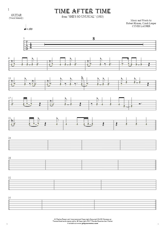 Time After Time - Tablature (rhythm. values) for guitar - melody line