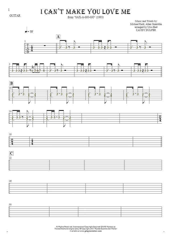 I Can't Make You Love Me - Tablature (rhythm. values) for guitar
