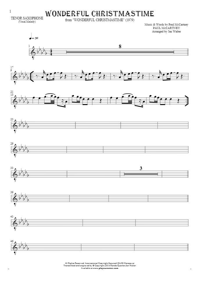 Wonderful Christmastime - Notes for tenor saxophone - melody line