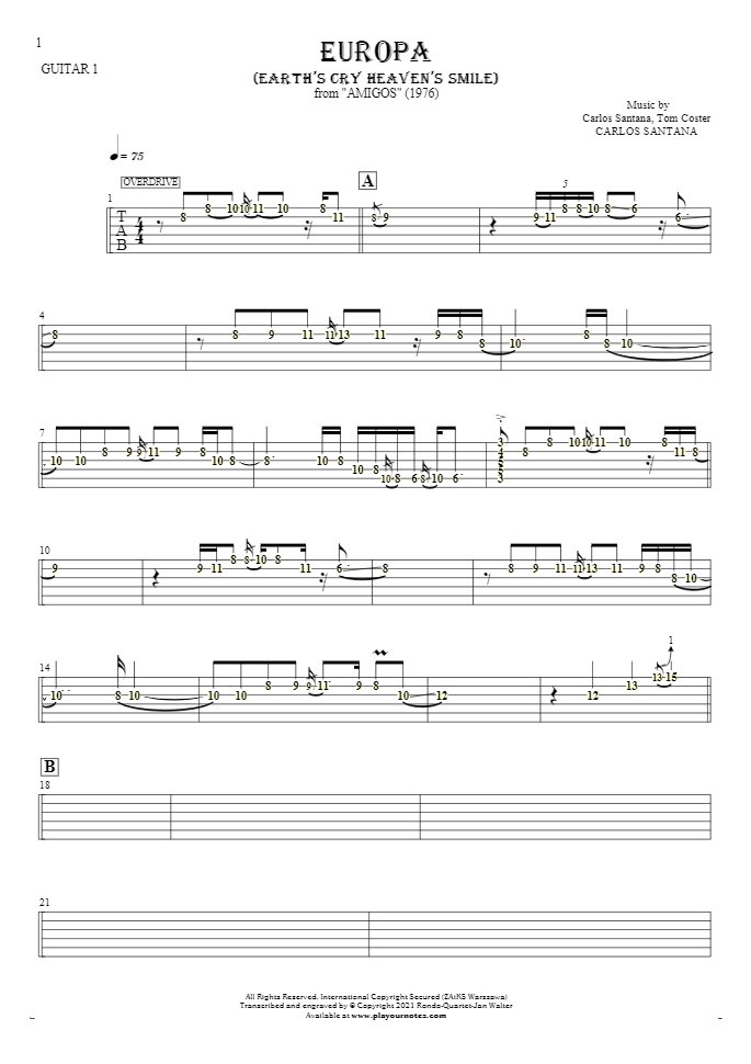 Europa (Earth's Cry Heaven's Smile) - Tablature (rhythm. values) for guitar - guitar 1 part