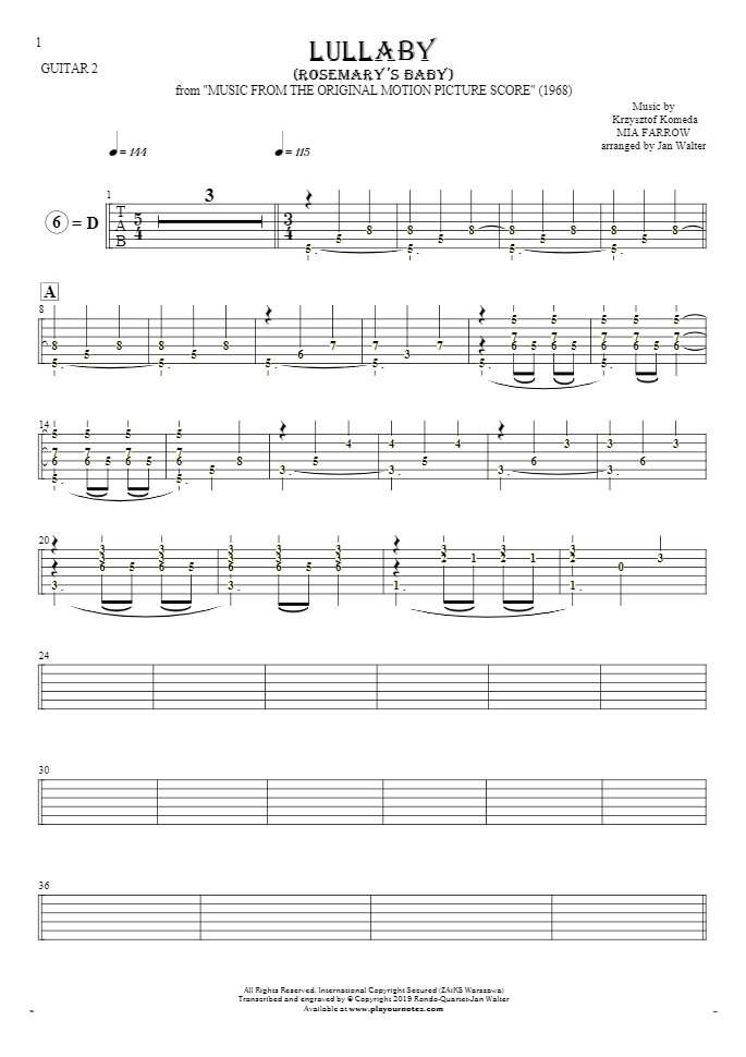 Lullaby - Rosemary's Baby - Tablature (rhythm. values) for guitar