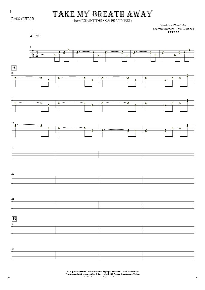 Take My Breath Away - Tablature (rhythm. values) for bass guitar