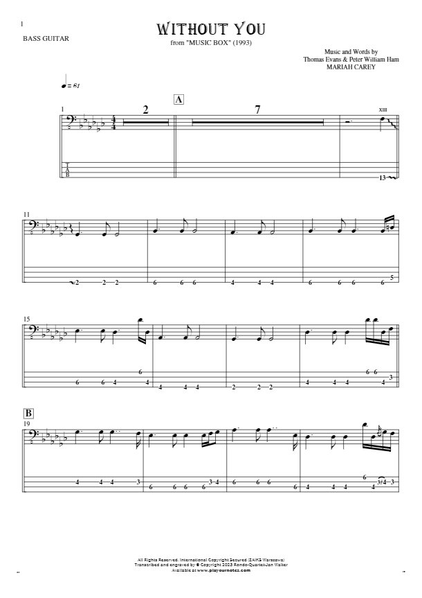 Without You - Notes and tablature for bass guitar