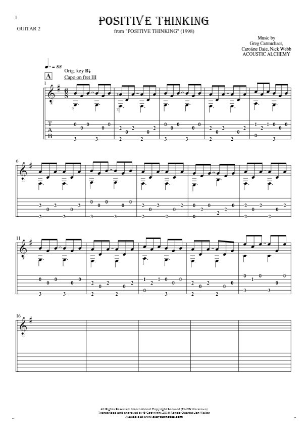 Positive Thinking - Noten (in Transposition) und Tabulatur für Gitarre - Gitarrestimme 2