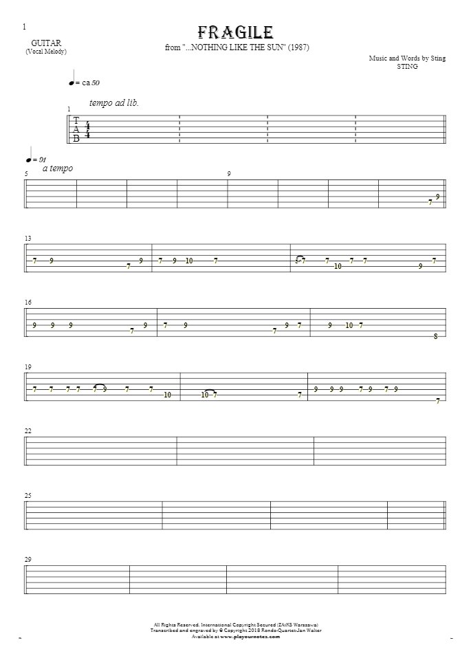 Fragile - Tablature for guitar - melody line
