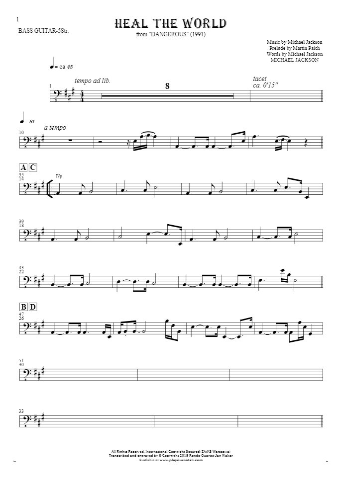 Heal The World - Notes for bass guitar (5-str.)