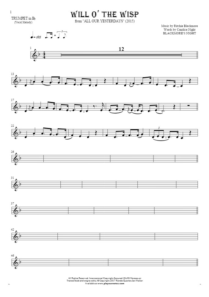 Will O' The Wisp - Notes for trumpet - melody line