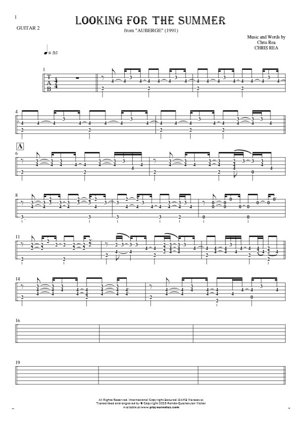 Looking For The Summer - Tablature (rhythm. values) for guitar - guitar 2 part
