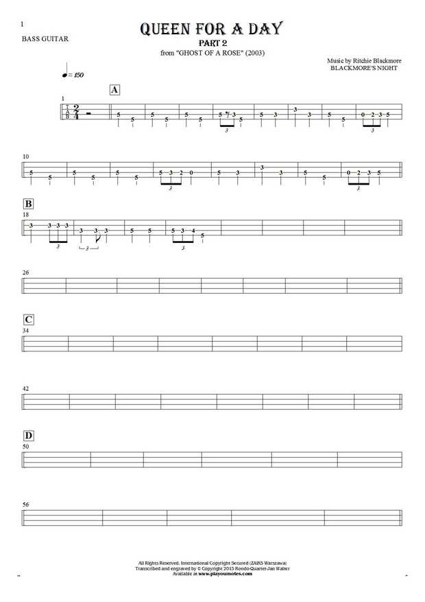 Queen For A Day (part 2) - Tablature (rhythm values) for bass guitar