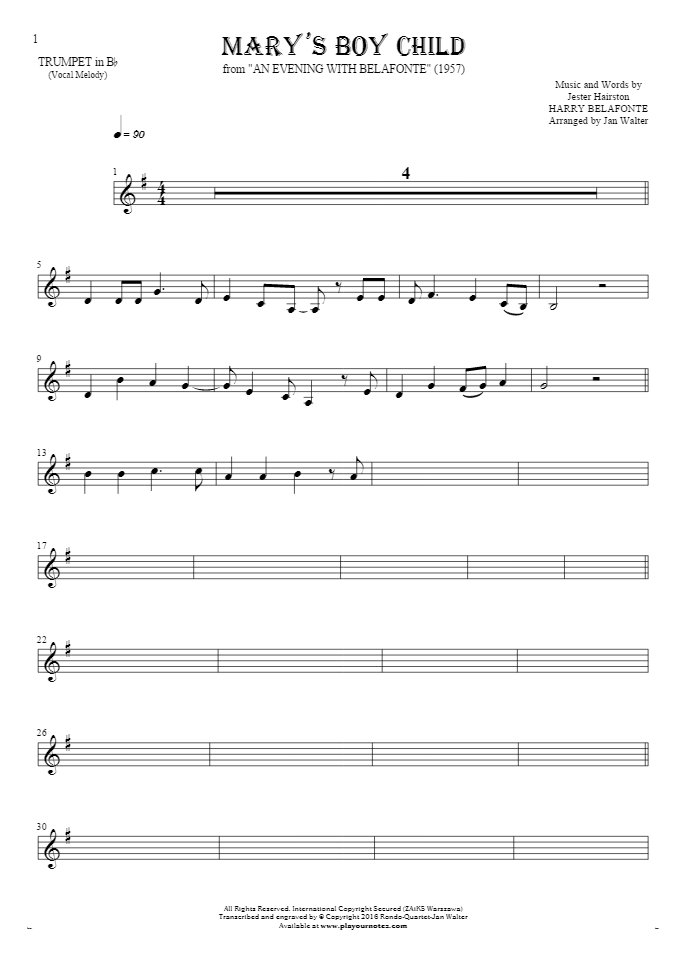 Mary's Boy Child - Notes for trumpet - melody line