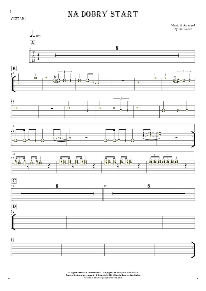 For a good start - Tablature (rhythm. values) for guitar - guitar 1 part
