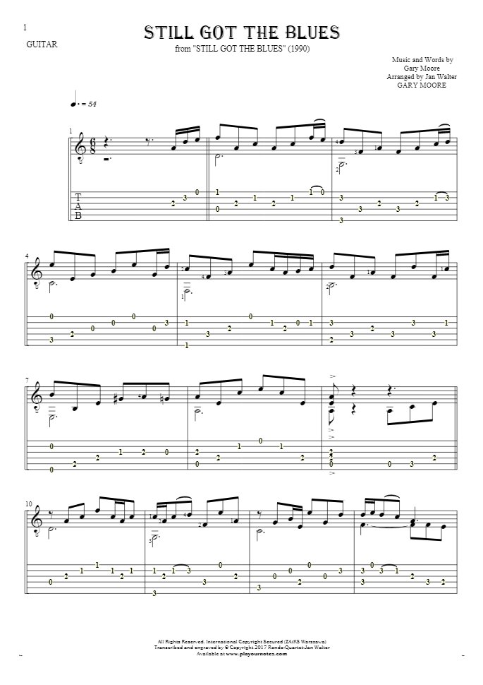 Still Got The Blues - Notes and tablature for guitar solo (fingerstyle)