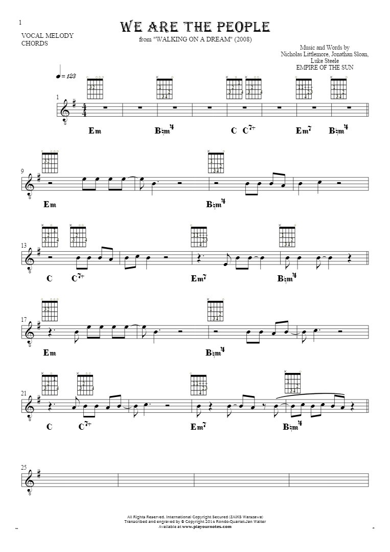 We Are the People - Notes, chords and diagrams for solo voice with guitar accompaniment