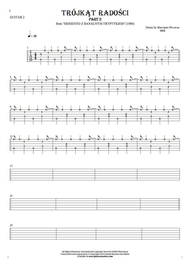 Trójkąt radości - Tabulatura (wartości rytmiczne) na gitarę - partia gitary 2