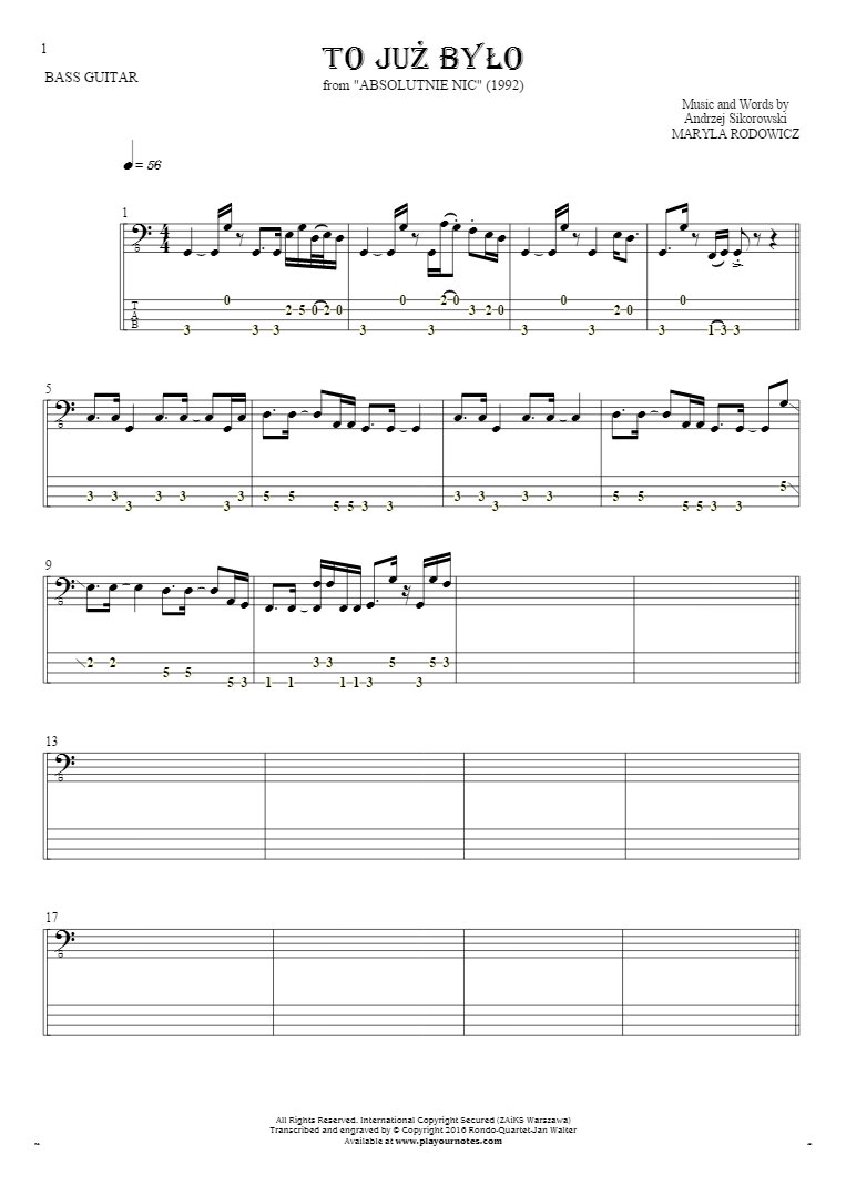 To już było - Notes and tablature for bass guitar